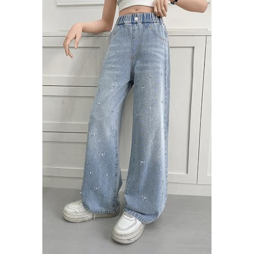 Baggy Jeans for Girls Embroidered Bows Rhinestone Wide Leg Pants Adjustable Waist Pearl Cute Jeans for Girls Preppy Coquette3