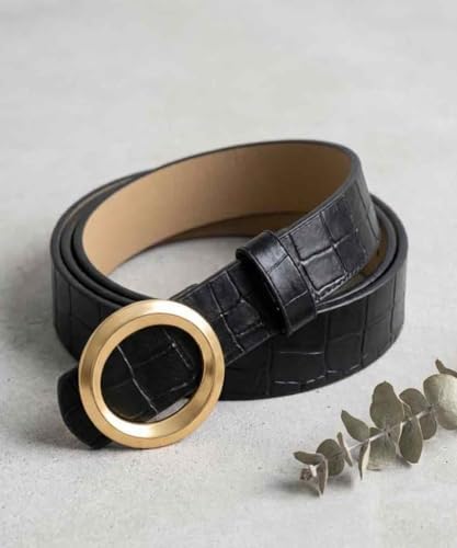 Kadın Kroko Desenli Suni Deri Kemer - Yuvarlak Altın Tokalı Şık Moda Aksesuarı (Kahverengi/Beyaz/Siyah Seçenekli) (Siyah) - Görsel 2