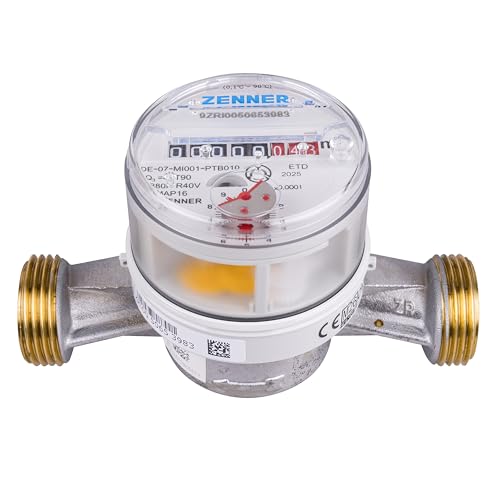 Zenner Kalt + Warmwasserzähler 3/4 Zoll, 130 mm Baulänge, Grau, mit Verschraubungen und Dichtungen, Eichung 2026 mit Kennzeichnung \ CE M26 0102\ Seitlich am Zähler.