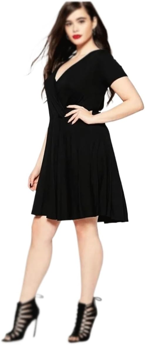 JSEIAJB V-Neck A-line Dress Short Sleeve Surplice Neck Fit Flare Knee Length Dress