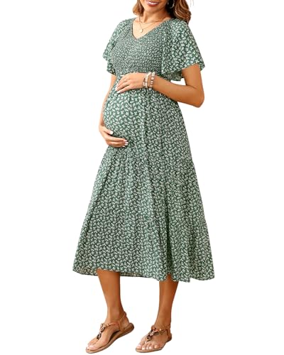 Maternity Dress for Baby Shower - 2025 Photoshoot Pregnancy Summer Midi Casual Flutter Sleeve Dress3