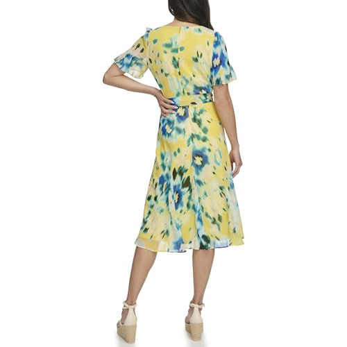 Image of DKNY Women's Flutter Sleeve Round Neck Waist Tie Midi Dress