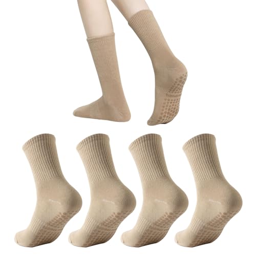 UILYNIU 2 Pares Comodos Calcetines Yoga Pilates Para Mujeres y Hombres, Calcetines Deporte, Calcetines Largos Antideslizantes para Yoga, Barra, Ballet, Baile, Entrenamiento Descalzo, Gimnasio (Marrón)