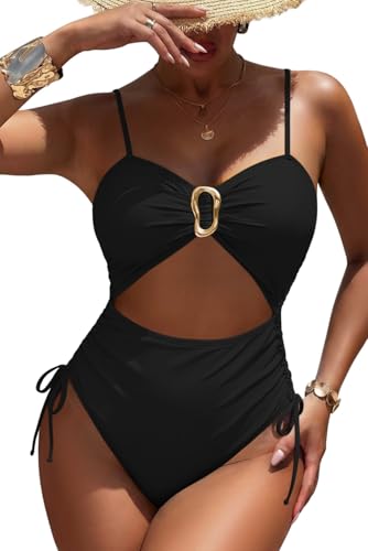 Viottiset Women's Cut Out Drawstring One Piece Swimsuit Cheeky High Cut Bathing Suit Black