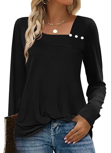 OFEEFAN Womens Long Sleeve Tops Fall Fashion 2025 Long Sleeve Shirts for Women Teacher Outfits for Women Tunics Fall Tops Trendy Blouses Black M