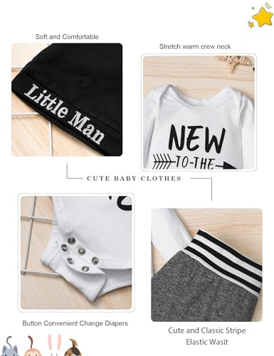 Fommy Newborn Baby Boy Clothes New to The Crew Letter Print Romper+ Pants+Hat 3PCS Outfit - Thumbnail 5