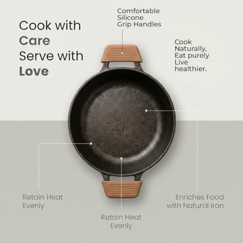 Image of HomeEssentials Pre-Seasoned Cast Iron Kadai with Silicone Grip, 24cm, 2.5-2.7L Capacity, 100% Pure Cast Iron Cookware, Naturally Non-Stick, Non-Toxic, Compatible with Gas, Ceramic & Electric Cooktops