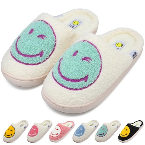 Wpecgoo Smile Face Slippers for Womens Mens Soft Plush House Slippers Retro Happy Slip-On Slides Winter Warm Comfy Memory Foam Fluffy Indoor Outdoor Shoes(White Green 8-8.5 Women/6.5-7.5 Men)