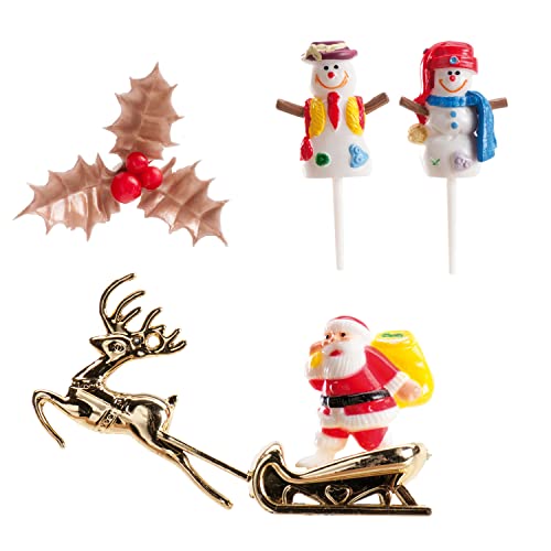 Generique - Dekora - Kit de Decoracion de Tartas con Figuras Decorativas de Navidad - Acebo, Muñeco de Nieve y Papa Noel
