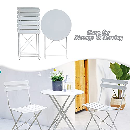 Oc Orange-Casual 3-Piece Outdoor Furniture Set, Premium Steel Patio Stripe Small Bistro Set, Folding Dining Table And Chairs For Porch Balcony, White #TOP3