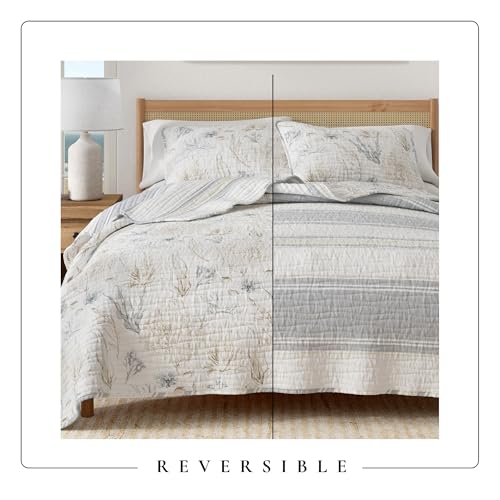 Image of Great Bay Home 3-Piece Full /Queen Microfiber Quilt Set with Shams - Reversible Coral Print, Lightweight, Layerable Bedding Set - Nautical Bedspread for All Seasons (Sea Maze)