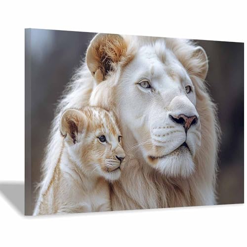Toile murale lion et son petit TERUEA 30x45cm tableau blanc encadré pour décoration salon