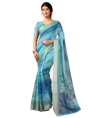 Image of SIRIL Women's Linen Digital Printed Saree With Unstitched Blouse Piece