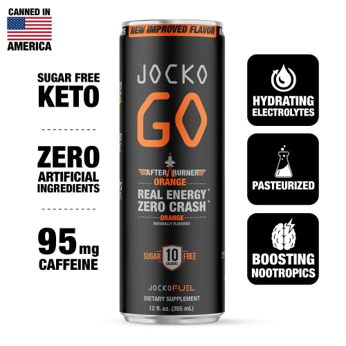 Jocko Go Energy Drink (Afterburner Orange) - Keto, Vitamin B12, Vitamin B6, Electrolytes, L Theanine, Magnesium- All Natural Energy Boost, Sugar Free Nootropic Monk Fruit Blend - 12 Pack #TOP1
