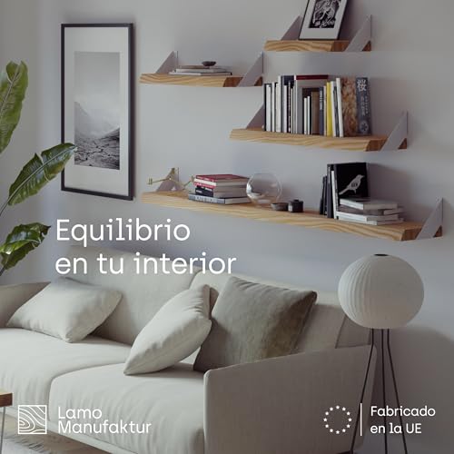 LAMO Manufaktur Estantería de Pared con Soportes Blancos en Forma de V | Estantería 100 cm Madera para salón, Cocina, Estudio Estilo Industrial | Color: Natural, Borde: Recto | Madera Maciza - imagen 3