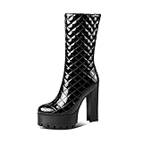 LTLWSH Boots for Women,Autumn and Winter Mid-Calf Boots Chunky High Heel Platform Patent Leather Wom