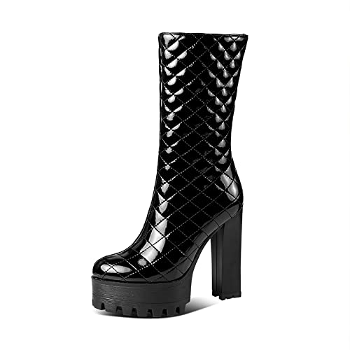 Ltlwsh Boots For Women,Autumn And Winter Mid-Calf Boots Chunky High Heel Platform Patent Leather Womens Boots,Black,7 #TOP7
