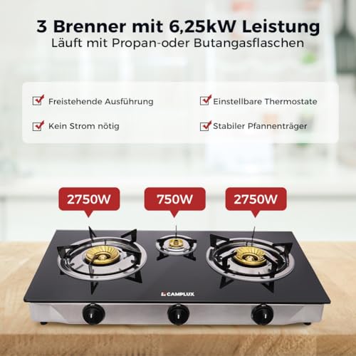 CAMPLUX Explorer Glas Gaskochfeld 3 Flammig, 6,25 kW LPG Gaskocher, Tragbar Campingkocher für Camping, TC03GBEU – Bild 5