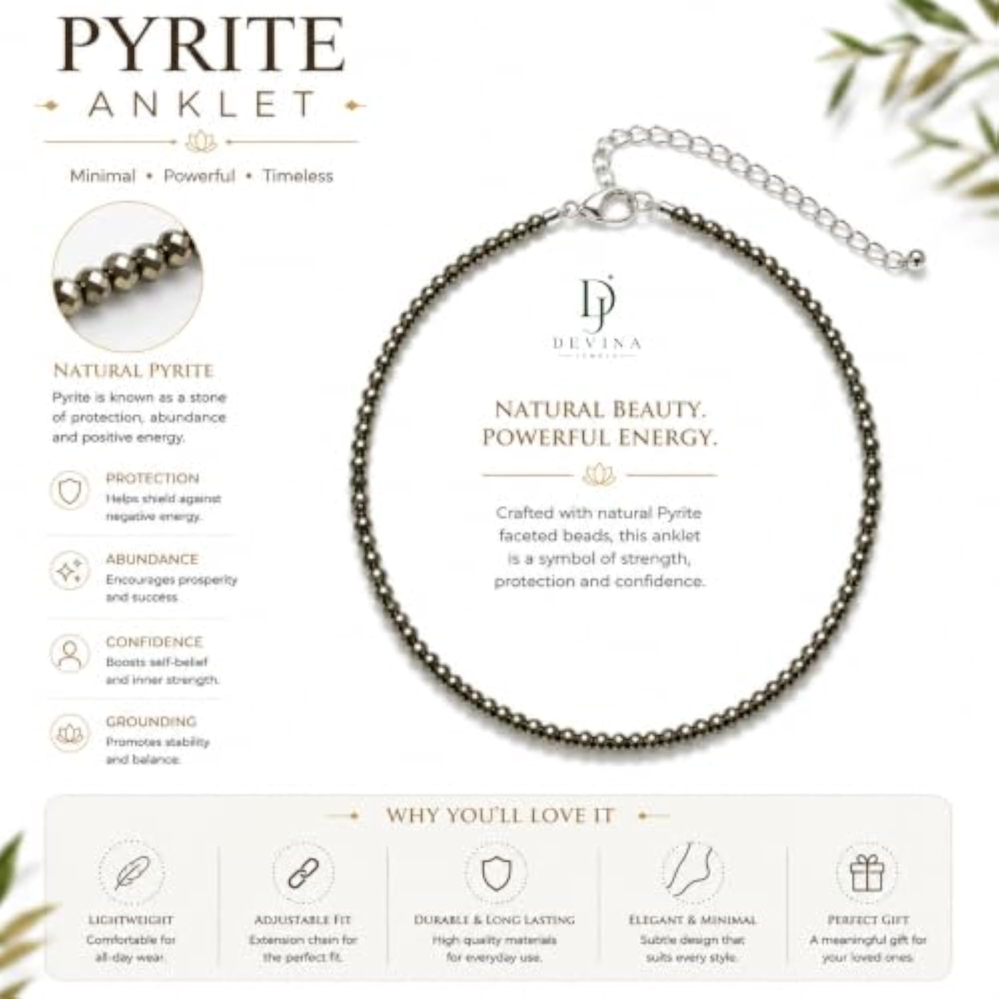 Natural Pyrite Gemstone Adjustable Anklet for Women & Girls