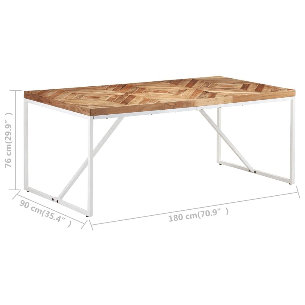 Table à manger massive en bois d'acacia et de manguier - 180 x 90 x 76 cm - Motif mosaïque chevron et pieds en acier revêtu par pulvérisation blanche - Pour salle à manger et cuisine