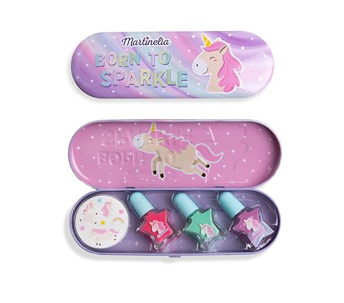 Martinelia Plumier Set Manucure Enfant Licorne - Kit Manucure Dans Étui Avec 3 Vernis à Ongles Enfants Colorés & Autocollants Licorne, Étoiles, Cœurs, Arcs-En-Ciel...