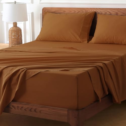 HYPREST 100% Cotton Sheets for Queen Size Bed Deep Pockets Fit 18"- 24" in Deep Mattress, Burnt Orange Hotel Luxury Soft Wrinkle Free Cooling Sheets for Queen Size Bed