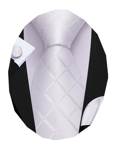 Image of Barry.Wang Plaid Ties Check Mens Necktie Set with Handkerchief Cufflinks Classic Stripe, White Solid