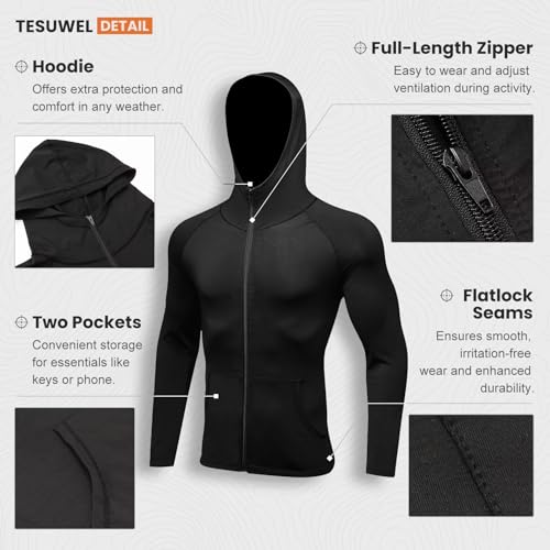 Tesuwel Jaqueta atlética masculina para corrida, treino, caminhada, zíper completo, proteção solar,