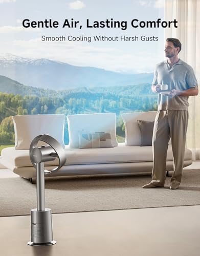 Image of dreame Bladeless Tower Fan for Bedroom, Smart Standing Fan with 270 Spatial Airflow for Whole-Room Circulation, 59ft /s High Velocity, 10 Speeds 3 Modes, Temperature-Adaptive Airflow, MF10-Silver