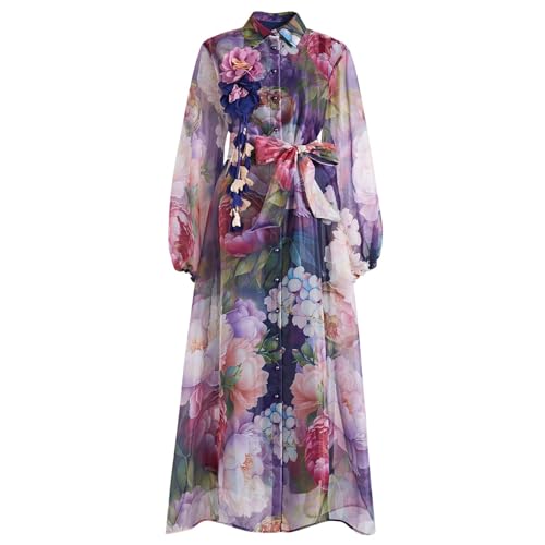 CHICWISH Women Spring Floral Print Chiffon Maxi Dress Collared Long Sleeve Blossom Brooch Button Belted Vacation Long Dress Purple