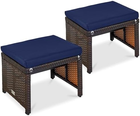 Best Choice Products Set of 2 Wicker Ottomans, Multipurpose Outdoor Furniture for Patio, Backyard, Additional Seating, Footrest, Side Table w/Removable Cushions, Steel Frame - Navy/Brown