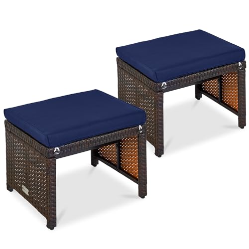 Best Choice Products Set of 2 Wicker Ottomans, Multipurpose Outdoor Furniture for Patio, Backyard, Additional Seating, Footrest, Side Table w/Removable Cushions, Steel Frame - Navy/Brown