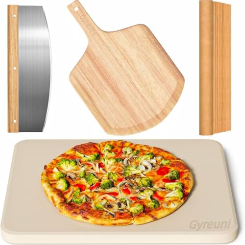 4 PCS Rectangle Pizza Stone Set, 15' Large Pizza Stone for Oven and Grill with Pizza Peel(OAK), Pizza Cutter & 10pcs Cooking Paper for Free, Baking Stone for Pizza, Bread,BBQ