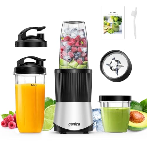 Ganiza Smoothie Maker 900W, Mini Blender avec 25000 tr/min, 3 Gourdes Tritan To-Go (300ml, 500ml & 700ml), 4 Lames Asymétriques, pour Tous Types de Shakes et...