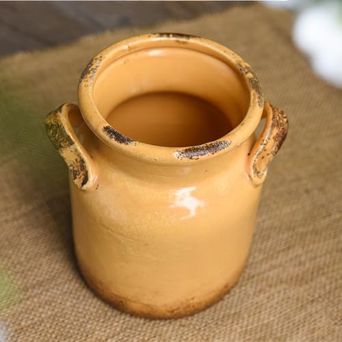 Quoowiit Ceramic Rustic Farmhouse Vase, Distressed Decorative Flower Vase for Home Decor, Ideal Shelf Decor, Yellow Boho Vases for Living Room Bedroom Kitchen Office Centerpiece Table Decorations