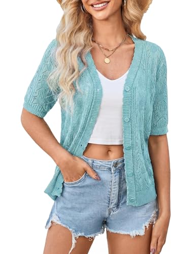 Image of Yekaty Womens 2026 Short Sleeve Crochet Summer Cardigan Cropped Button Sweater Lightweight Shrug for Dress