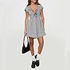 Fiacafyo Women Summer Plaid Mini Dress Short Sleeve Flowy A-Line Smocked Waist Babydoll Deep V Neck Gingham Dress Clubwear (A-Black, XL) #3