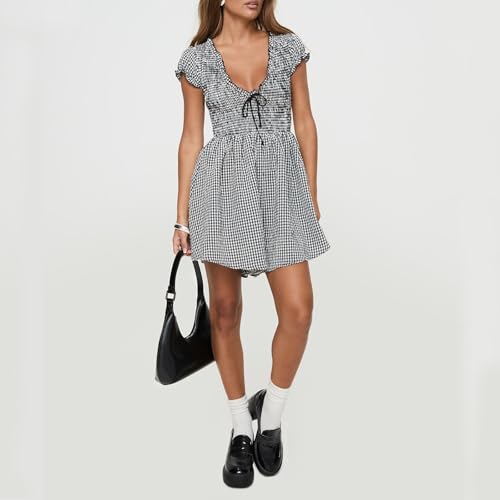 Image of Women Cute Babydoll Dress Romper Plaid V Neck Smocked Flowy Mini Romper Dress Gingham Ruffle Cap Sleeve Short Sundress