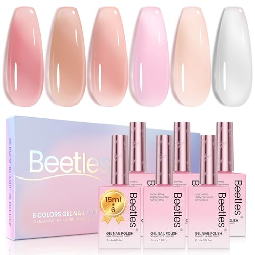 Image of Beetles Jelly Gel Nail Polish, 6 Colors 15ML Milky White Sheer Pink Nude Brown Translucent Sheer Nail Polish Soak Off UV Colorful Bottle Gel Nail Art Home Salon DIY Gift for Women