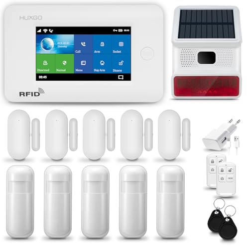 HUXGO® HXA006 Antifurto casa wireless WiFi + GSM con solare Sirena | Kit allarme casa senza fili: 5x rilevatori di movimento, 5x sensori di allarme per finestre/porte | Per Casa, Appartamento