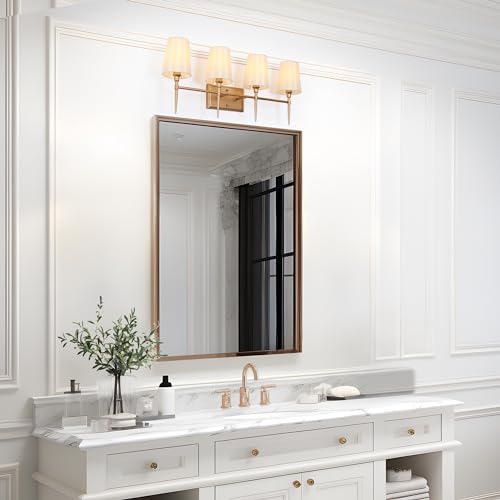 Image of KSANA Gold Bathroom Light Fixtures, 4 Light Modern Vanity Lights for Bathroom with White Fabric Shade, 29 Inch Bathroom Lighting Lights Fixtures Over Mirror