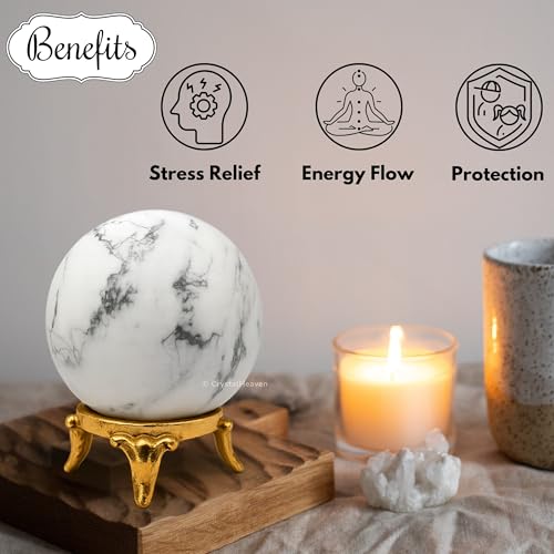 Image of Certified Howlite Crystal Ball for Meditation - Premium Crystal Vastu Items for Home and Feng Shui Items for Good Luck - Ideal for Pooja Supplies and Spiritual Practices (2 inch Inch)