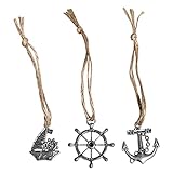  Lot de 3 Pendentifs Maritime en métal argenté, 3,5cm, Ancre, Voilier, Barre à Roue, et Jute