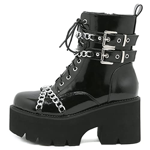 Image of Parisuit Womens Goth Patent Ankle Boots Platform Chunky Combat Boots