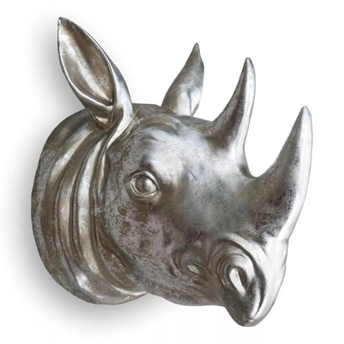 Image of Rhino Head Wall Mount Sculpture, Horned Hanging Rhinoceros Animal Head Ornament Figure Art Décor Resin with Vintage Grey Finish, Wildlife Indoor Outdoor Decorative Accessories (Grey Rhino)
