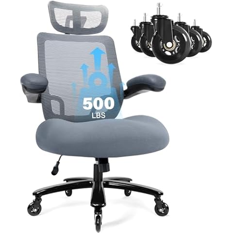 500LBS Big and Tall Office Chair with Flip-up Armrest, Executive Chair with Adjustable Headrest, 3" Caster Wheels for Hard Floor&Carpet, Comfort Heavy Duty Office Chair for Heavy People, Grey Cover