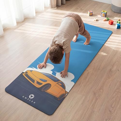 Omflex Kids Yoga Mat with Carrying Strap – 60"x24" Non-Slip Premium Exercise Mat for Kids, 3mm Thick Non-Toxic, PVC-Free Play Mat for Children, Dolphin, Car & Supergirl Designs (Car) by OMFLEX - Used condition - Image 6