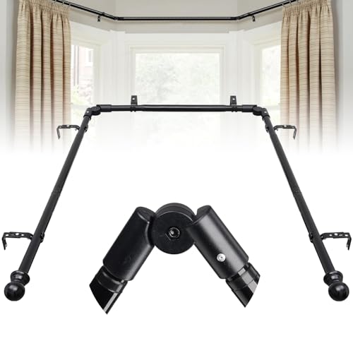 Harrms Bay Window Curtain Pole U-Shaped Curved Black Rod with 2 Elbows 76-460cm 25mm Thick Heavy-Duty 3-Sided Corner Pole for Living Room & Bedroom