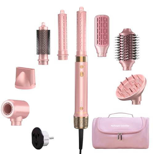 Mythsight Dual Voltage StyleVibe 8-in-1 Air Styler, Hair Dryer & Blow Dryer Brush with Travel Case - Auto Wrap Curls (L/R), Fast Drying, Thermal Brush for Blowouts & Frizz-Free Volume, No Heat Damage