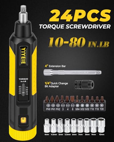 Image of 24Pcs Torque Screwdriver, 10-80 In-lb, with S2 Steel Bits, Sockets & Case | Inch Pound Torque Wrench Screwdriver Set for Maintenance -1 /4 inch Drive Fat Wrench Screwdriver for Bike Repairing, Mounting